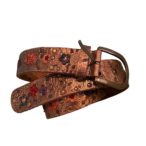 Ceinture Large Extensible Boho Chic - Plumes Et Métal Marron - Taille S/M - Occasion